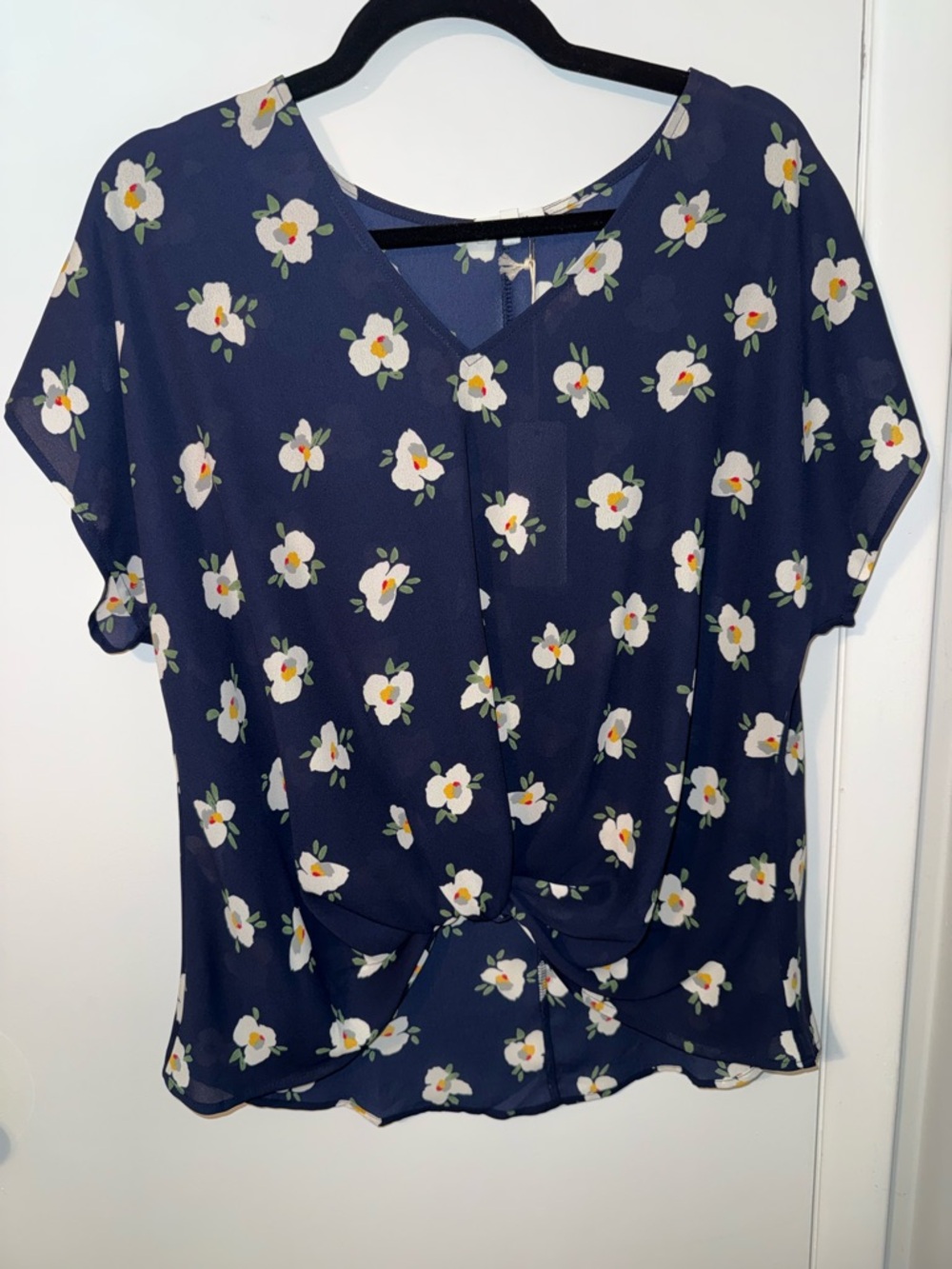 Women’s Navy Floral Knot-Front Blouse